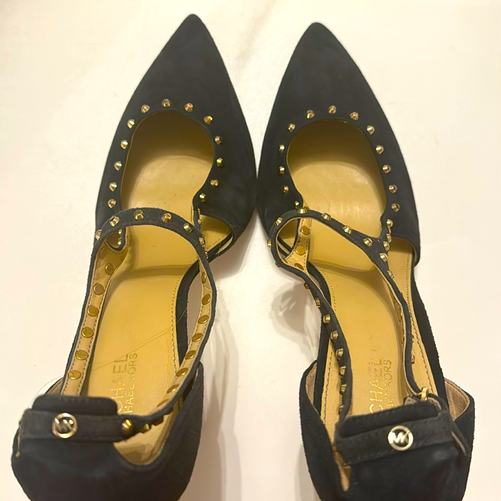 Michael Kors Gold Studded Navy Suede 3 Inch Heels. Worn 2x Like New
